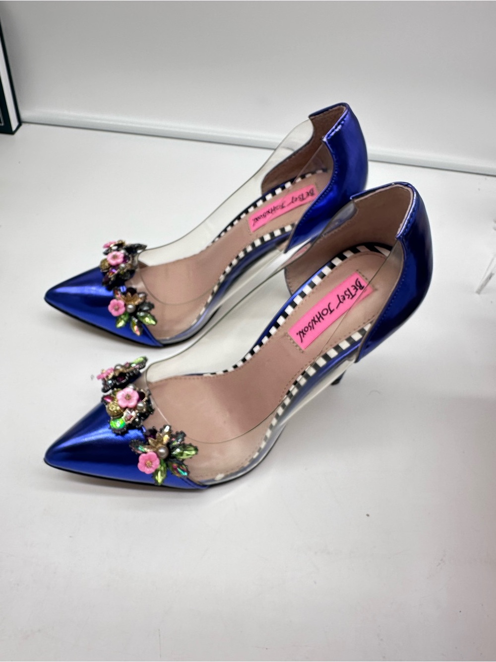 Betsey Johnson Metallic Royal Blue Pointed Toe Pumps with Floral Jewels - Picture 13 of 13